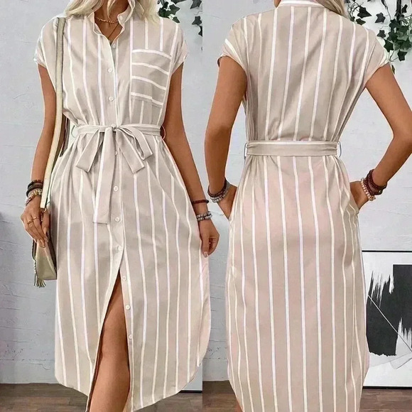 Apricot Casual Women's French-Style Striped Color-Block Shirt Dress - Picture 8 of 8